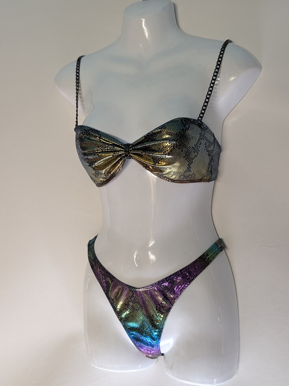 Iridescent Snake-Print Bikini Set - Women Swim in Multicolor Oil Slick Size S